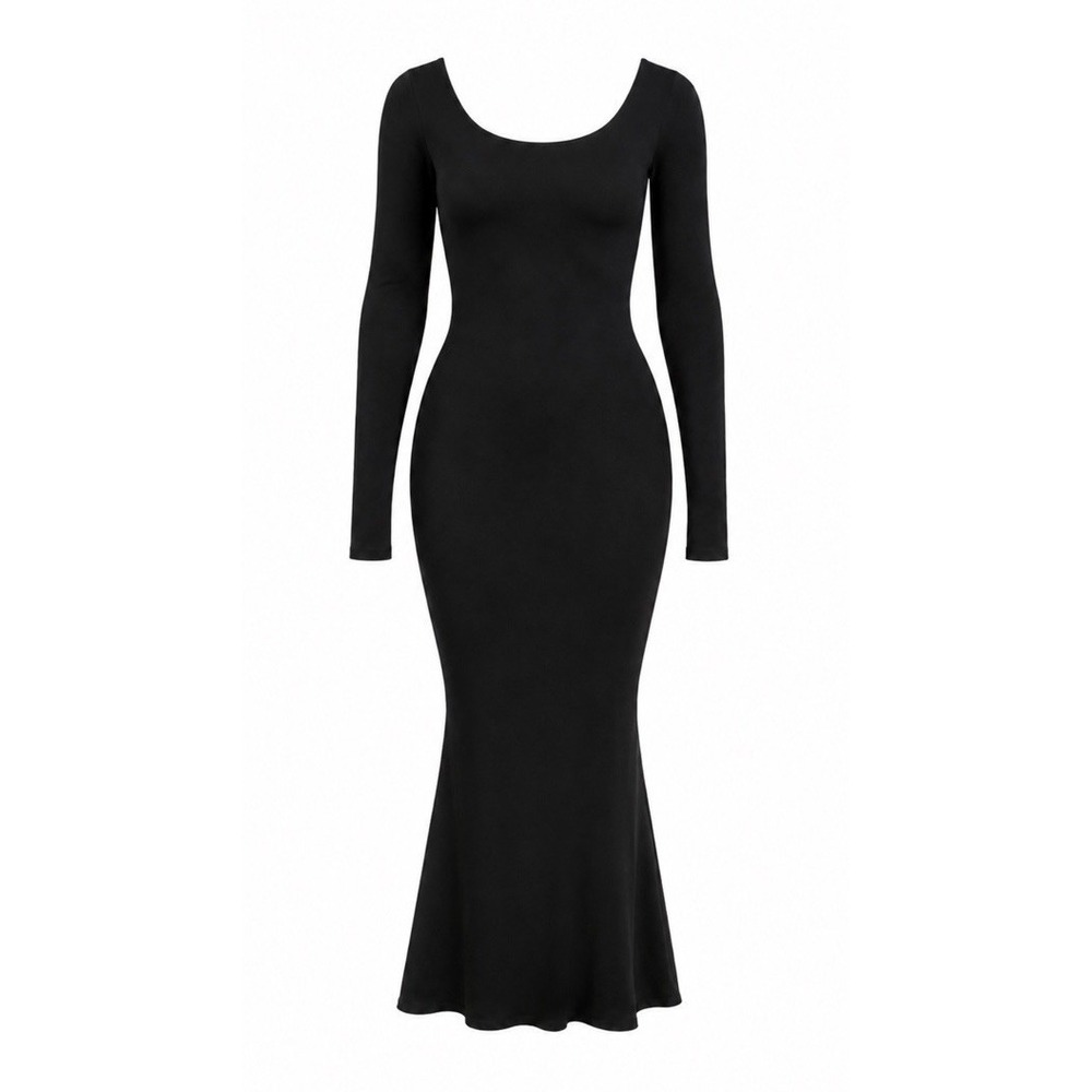 TA3 Scoopy Black Ribbed Knit Mermaid Maxi Dress Long Sleeve Large Short NWT